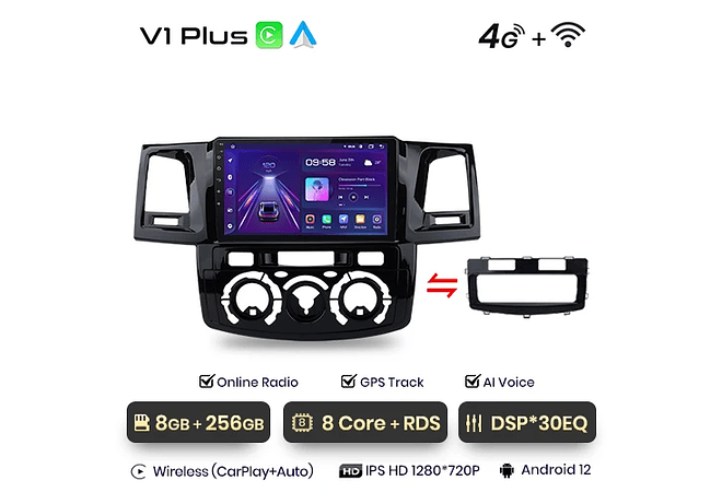 RD023 Android Toyota fortuner hilux revo vigo 2007-2015 1GB a 8GB RAM e 16GB a 128GB ROM com ou sem Carplay
