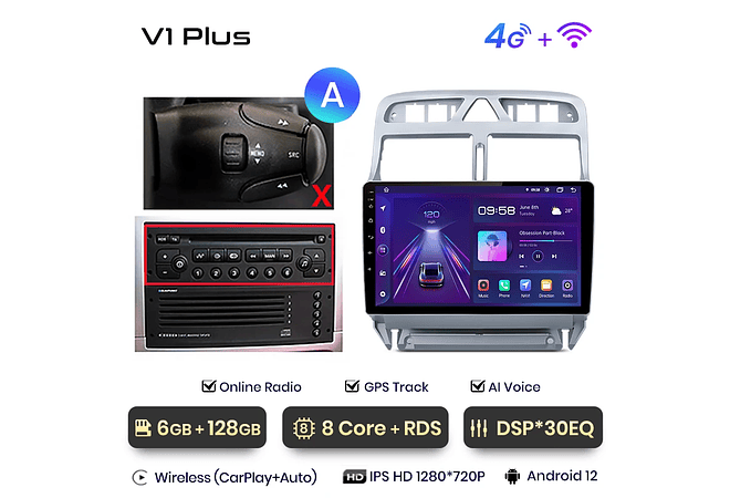 RD032 Android Peugeot 307 307cc 307sw 2002-2013 1GB a 8GB RAM e 16GB a 128GB ROM com ou sem Carplay