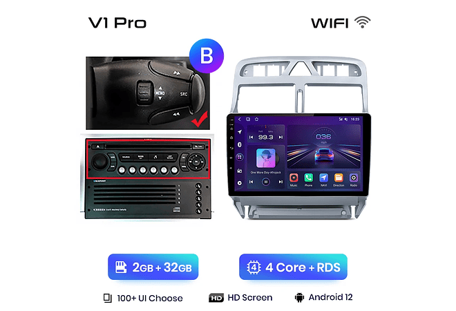 RD032 Android Peugeot 307 307cc 307sw 2002-2013 1GB a 8GB RAM e 16GB a 128GB ROM com ou sem Carplay