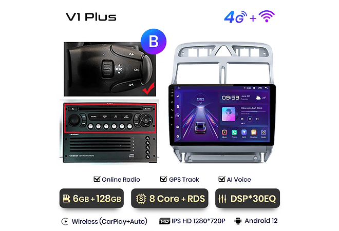 RD032 Android Peugeot 307 307cc 307sw 2002-2013 1GB a 8GB RAM e 16GB a 128GB ROM com ou sem Carplay