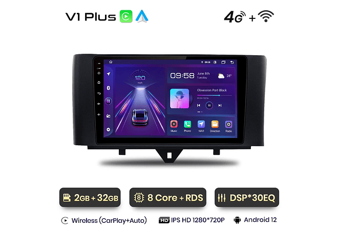 RD037 Android Smart fortwo 2011-2015 1GB a 8GB RAM e 16GB a 128GB ROM com ou sem Carplay