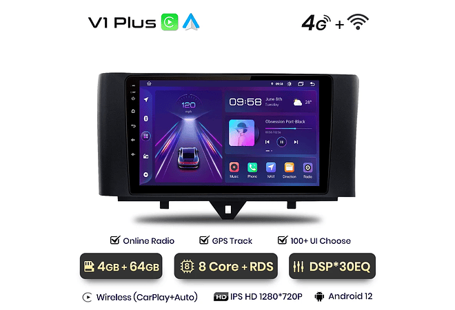 RD037 Android Smart fortwo 2011-2015 1GB a 8GB RAM e 16GB a 128GB ROM com ou sem Carplay