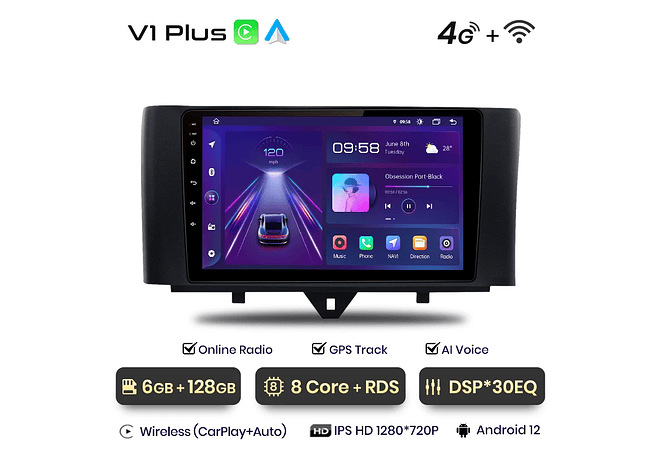 RD037 Android Smart fortwo 2011-2015 1GB a 8GB RAM e 16GB a 128GB ROM com ou sem Carplay