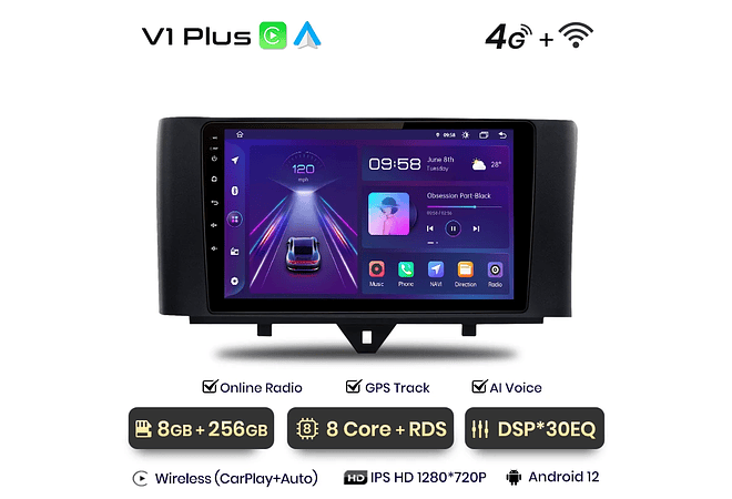 RD037 Android Smart fortwo 2011-2015 1GB a 8GB RAM e 16GB a 128GB ROM com ou sem Carplay