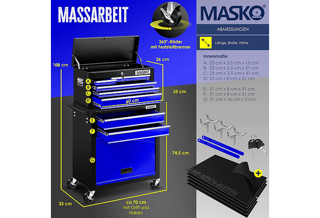 IMP0206 Carrinho de oficina com mala incluída, 9 compartimentos com fechadura de metal maciço