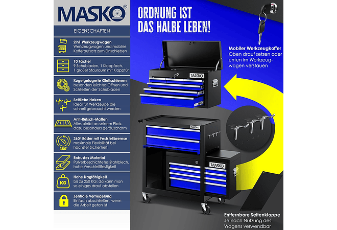 IMP0206 Carrinho de oficina com mala incluída, 9 compartimentos com fechadura de metal maciço