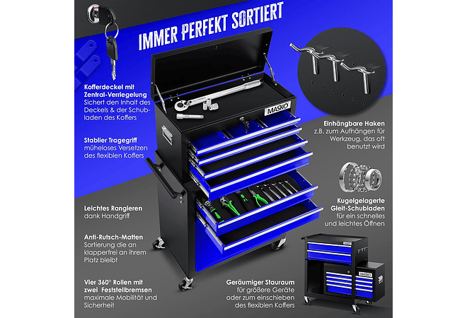 IMP0206 Carrinho de oficina com mala incluída, 9 compartimentos com fechadura de metal maciço