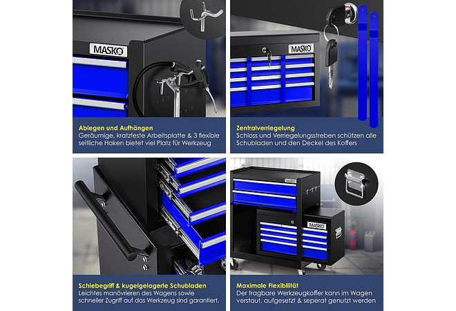 IMP0206 Carrinho de oficina com mala incluída, 9 compartimentos com fechadura de metal maciço