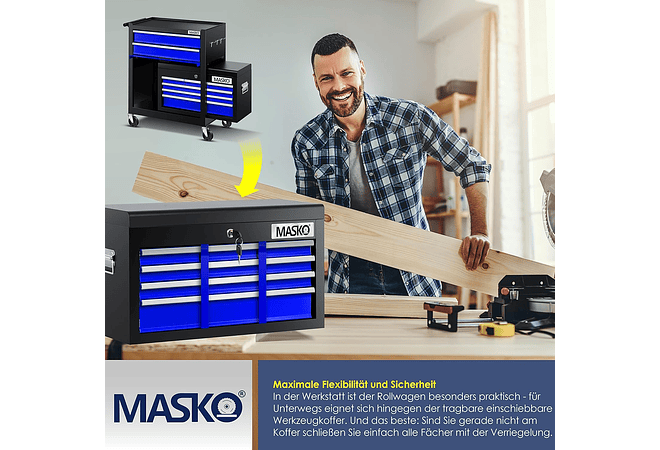 IMP0206 Carrinho de oficina com mala incluída, 9 compartimentos com fechadura de metal maciço