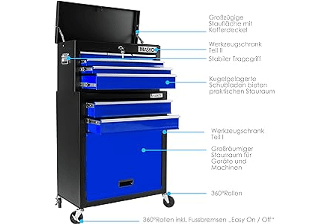 IMP0206 Carrinho de oficina com mala incluída, 9 compartimentos com fechadura de metal maciço