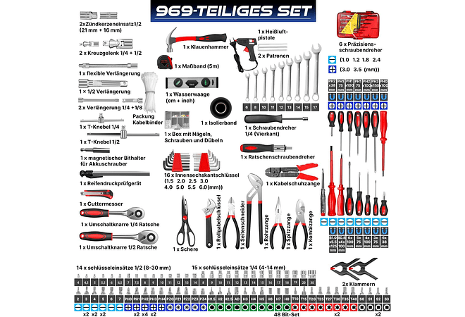 IMP0207 Mala de ferramentas de 969 peças, caixa de carrinho de ferramentas