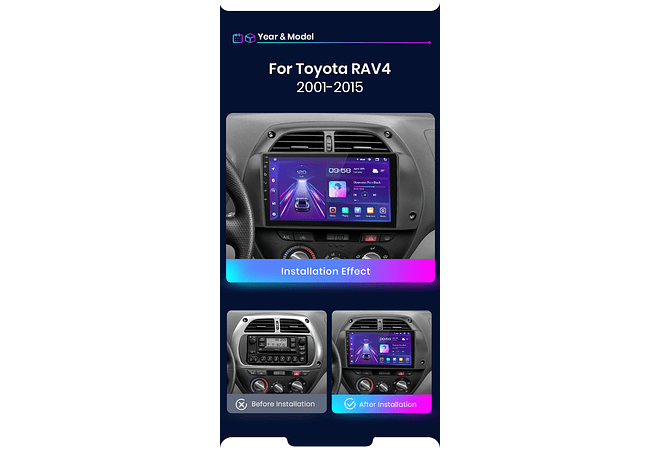 RD042 Android Toyota RAV4 2001-2015 1GB a 8GB RAM e 16GB a 128GB ROM com ou sem Carplay