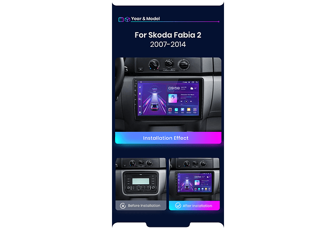 RD050 Android Skoda Fabia 2 2007-2014 1GB a 8GB RAM e 16GB a 128GB ROM com ou sem Carplay