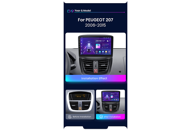 RD055 Android Peugeot 207 207cc 2006-2015 1GB a 8GB RAM e 16GB a 128GB ROM com ou sem Carplay