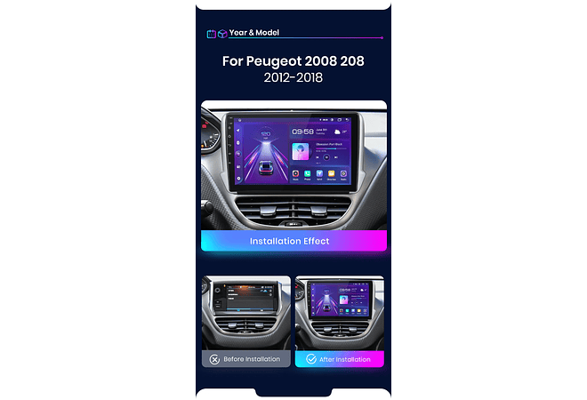 RD056 Android Peugeot 2008208 2012-2018 1GB a 8GB RAM e 16GB a 128GB ROM com ou sem Carplay