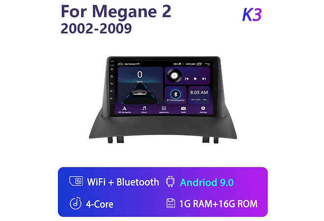 RD067 Android Renault megane 2 2002-2009 1GB a 8GB RAM e 16GB a 128GB ROM com ou sem Carplay