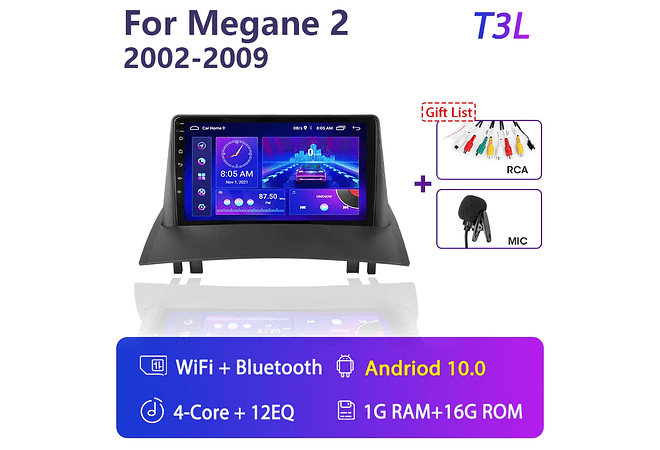 RD067 Android Renault megane 2 2002-2009 1GB a 8GB RAM e 16GB a 128GB ROM com ou sem Carplay