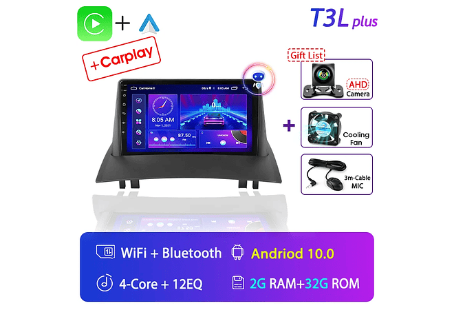 RD067 Android Renault megane 2 2002-2009 1GB a 8GB RAM e 16GB a 128GB ROM com ou sem Carplay