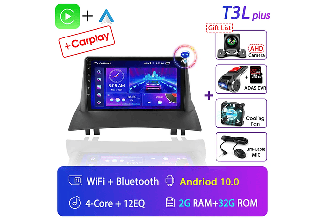 RD067 Android Renault megane 2 2002-2009 1GB a 8GB RAM e 16GB a 128GB ROM com ou sem Carplay