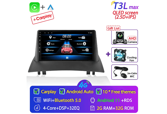 RD067 Android Renault megane 2 2002-2009 1GB a 8GB RAM e 16GB a 128GB ROM com ou sem Carplay
