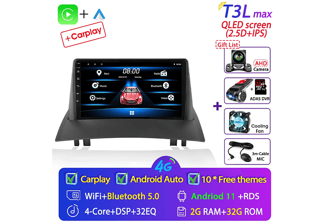 RD067 Android Renault megane 2 2002-2009 1GB a 8GB RAM e 16GB a 128GB ROM com ou sem Carplay