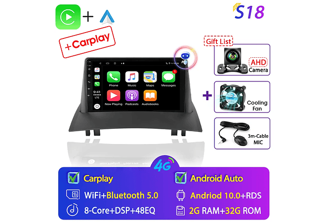 RD067 Android Renault megane 2 2002-2009 1GB a 8GB RAM e 16GB a 128GB ROM com ou sem Carplay