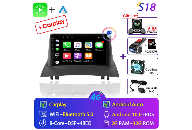 RD067 Android Renault megane 2 2002-2009 1GB a 8GB RAM e 16GB a 128GB ROM com ou sem Carplay