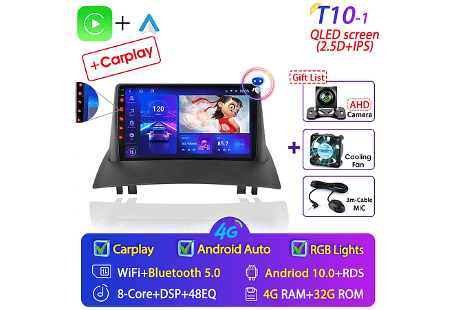 RD067 Android Renault megane 2 2002-2009 1GB a 8GB RAM e 16GB a 128GB ROM com ou sem Carplay