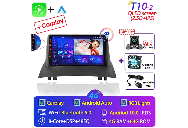 RD067 Android Renault megane 2 2002-2009 1GB a 8GB RAM e 16GB a 128GB ROM com ou sem Carplay