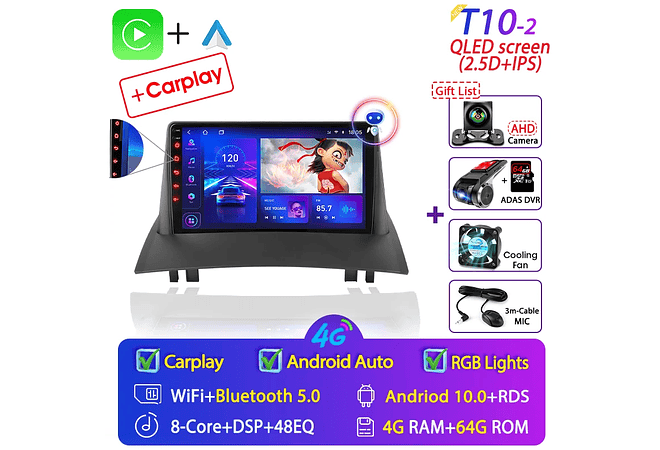 RD067 Android Renault megane 2 2002-2009 1GB a 8GB RAM e 16GB a 128GB ROM com ou sem Carplay
