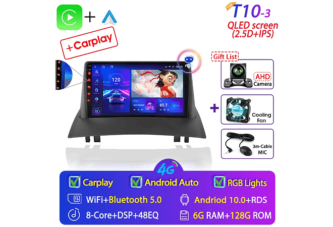 RD067 Android Renault megane 2 2002-2009 1GB a 8GB RAM e 16GB a 128GB ROM com ou sem Carplay