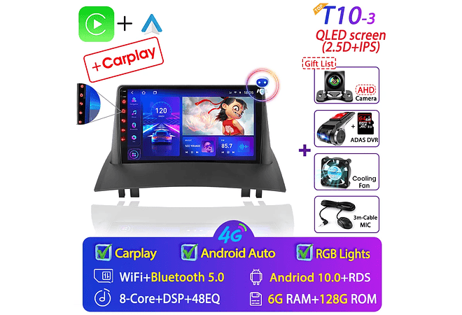 RD067 Android Renault megane 2 2002-2009 1GB a 8GB RAM e 16GB a 128GB ROM com ou sem Carplay