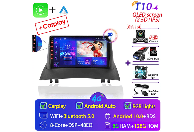 RD067 Android Renault megane 2 2002-2009 1GB a 8GB RAM e 16GB a 128GB ROM com ou sem Carplay