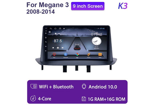 RD068 Android Renault megane 3 2008-2014 1GB a 8GB RAM e 16GB a 128GB ROM com ou sem Carplay