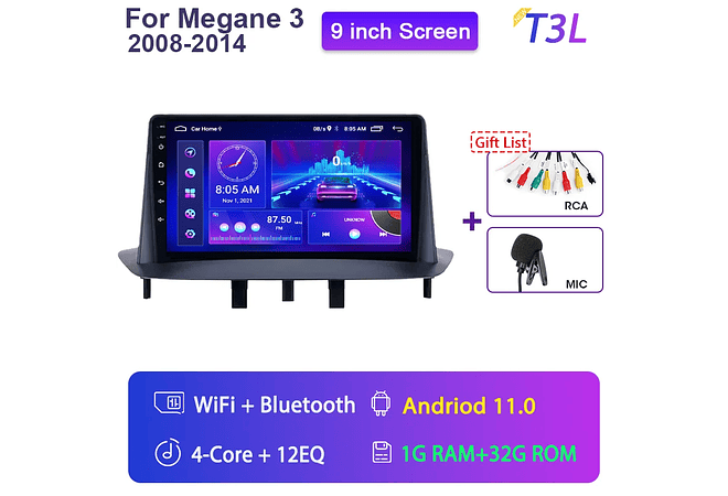 RD068 Android Renault megane 3 2008-2014 1GB a 8GB RAM e 16GB a 128GB ROM com ou sem Carplay