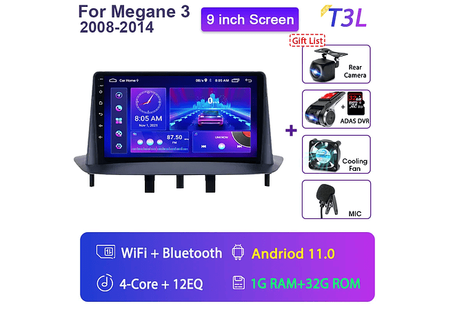 RD068 Android Renault megane 3 2008-2014 1GB a 8GB RAM e 16GB a 128GB ROM com ou sem Carplay