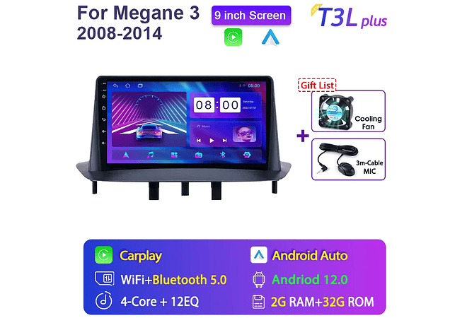 RD068 Android Renault megane 3 2008-2014 1GB a 8GB RAM e 16GB a 128GB ROM com ou sem Carplay