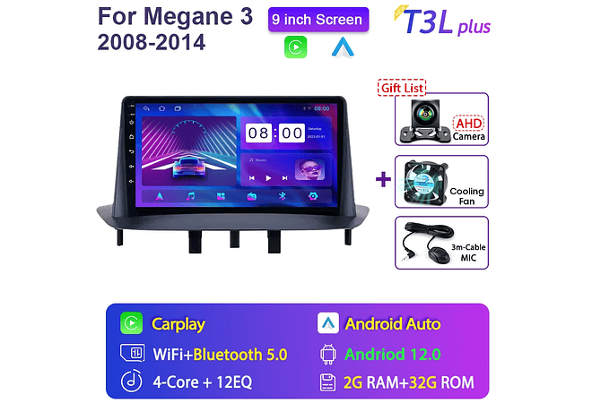 RD068 Android Renault megane 3 2008-2014 1GB a 8GB RAM e 16GB a 128GB ROM com ou sem Carplay