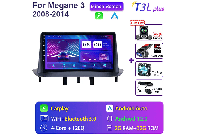 RD068 Android Renault megane 3 2008-2014 1GB a 8GB RAM e 16GB a 128GB ROM com ou sem Carplay