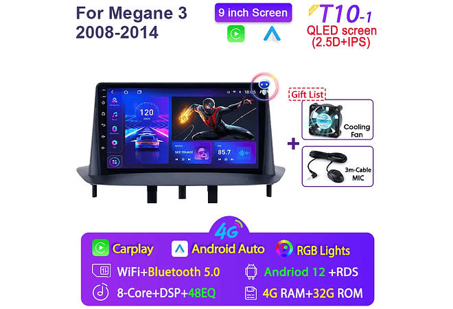 RD068 Android Renault megane 3 2008-2014 1GB a 8GB RAM e 16GB a 128GB ROM com ou sem Carplay