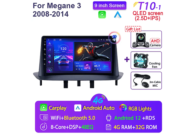 RD068 Android Renault megane 3 2008-2014 1GB a 8GB RAM e 16GB a 128GB ROM com ou sem Carplay