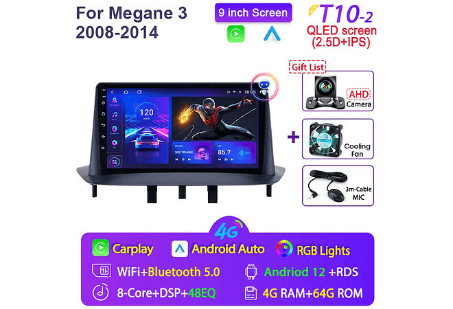 RD068 Android Renault megane 3 2008-2014 1GB a 8GB RAM e 16GB a 128GB ROM com ou sem Carplay