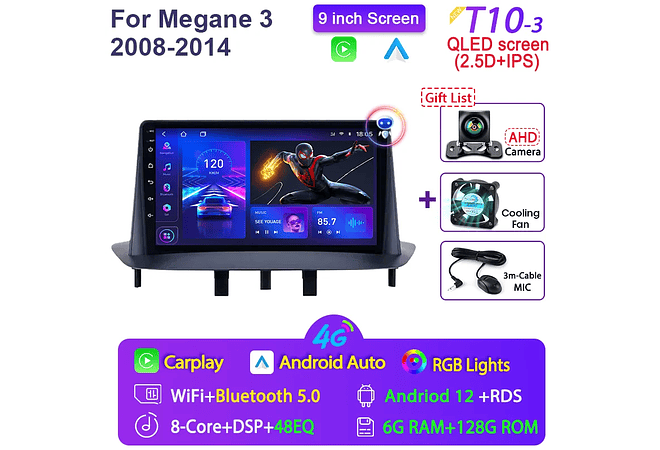 RD068 Android Renault megane 3 2008-2014 1GB a 8GB RAM e 16GB a 128GB ROM com ou sem Carplay