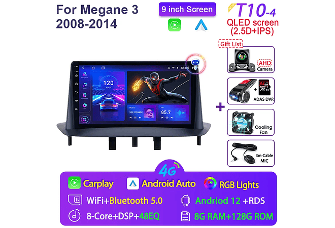 RD068 Android Renault megane 3 2008-2014 1GB a 8GB RAM e 16GB a 128GB ROM com ou sem Carplay