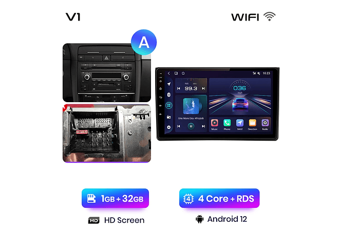 RD071 Android Audi A4 2000-2009 1GB a 8GB RAM e 16GB a 128GB ROM com ou sem Carplay