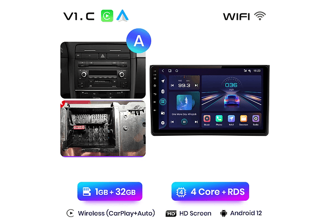 RD071 Android Audi A4 2000-2009 1GB a 8GB RAM e 16GB a 128GB ROM com ou sem Carplay