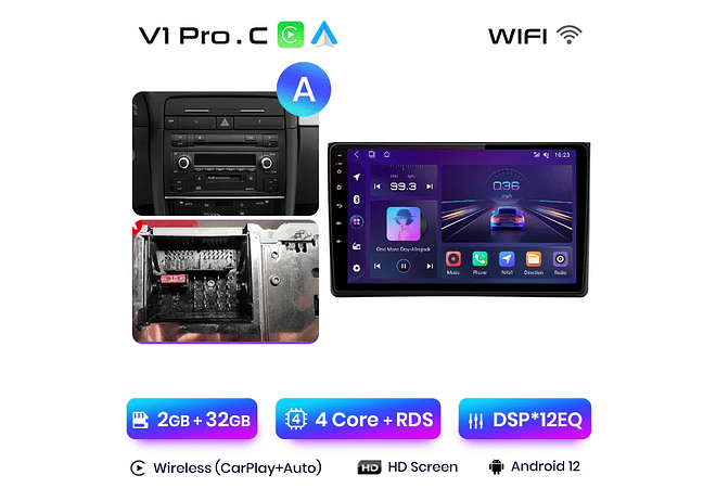 RD071 Android Audi A4 2000-2009 1GB a 8GB RAM e 16GB a 128GB ROM com ou sem Carplay