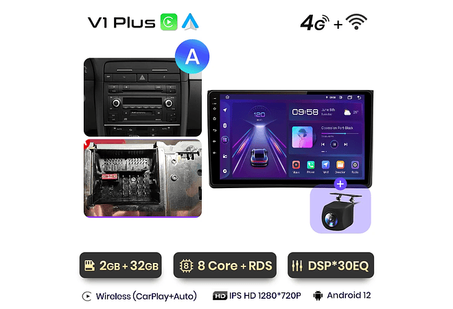 RD071 Android Audi A4 2000-2009 1GB a 8GB RAM e 16GB a 128GB ROM com ou sem Carplay