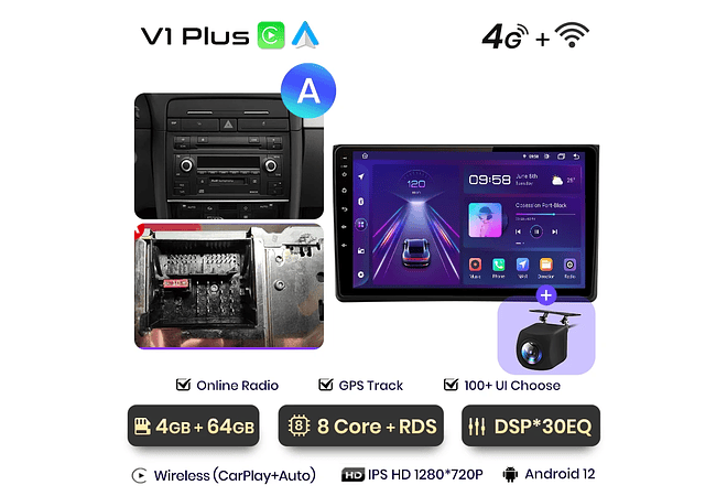 RD071 Android Audi A4 2000-2009 1GB a 8GB RAM e 16GB a 128GB ROM com ou sem Carplay