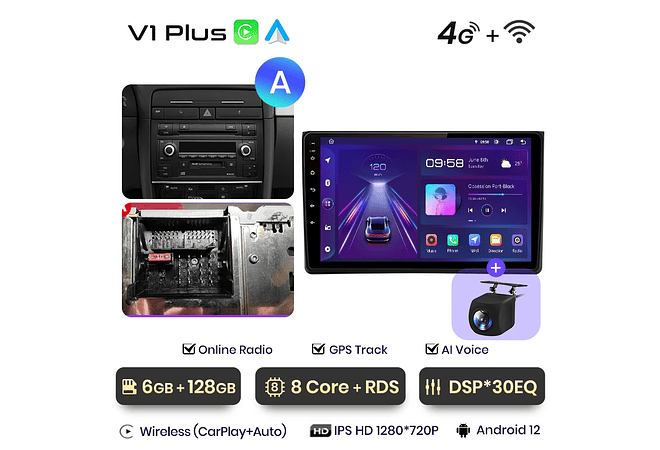 RD071 Android Audi A4 2000-2009 1GB a 8GB RAM e 16GB a 128GB ROM com ou sem Carplay